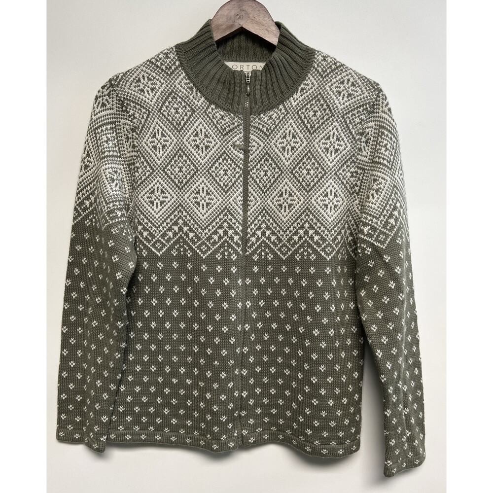 Vintage Full Zip Sweater Women Small Wool Blend Folk Nordic Fair Isle Sage Green